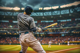 Fototapeta  - A baseball player is swinging a bat in a stadium. The stadium is filled with people watching the game