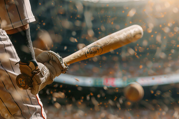 A baseball player is holding a bat and wearing a glove. The scene is set in a stadium with a crowd watching the game