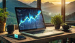 Financial chart on a laptop screen on a desk with a mountain scene through the window. In widescreen format Generative AI