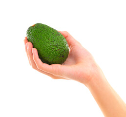 Nutrition, fruit and hand in studio for healthy diet, wellness and vitamin c on white background. Avocado, green and holding for delicious ingredients, organic food and vegetarian meal with mockup