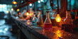 An array of Erlenmeyer flasks filled with colorful chemical solutions on a rustic laboratory bench
