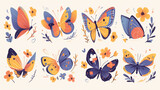 Fototapeta Motyle - A delightful assortment of colorful cartoon butterflies with playful patterns, perfect for cheerful illustration designs on white background