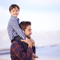 Poster - Ocean, portrait and dad with child on shoulders, smile and mockup space on outdoor adventure. Support, face of father and son in nature for fun, bonding and happy trust on beach holiday together