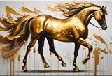 Fototapeta Uliczki - oil painting featuring elements of gold and a horse motif, displayed on a canvas against a wall. The artwork exudes modernity 