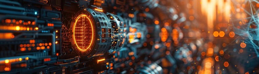 Poster - Futuristic Server Room with Glowing Orange Digital Network and High-Tech Infrastructure for Data Processing