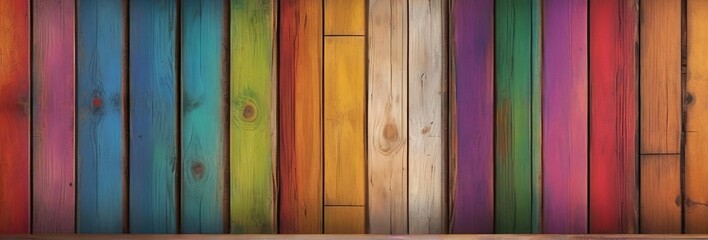 Wall Mural - a close-up of a wooden fence painted in a rainbow of colors