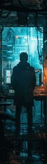 Poster - Technician Hacker Standing in a High-Tech Server Room with Glowing Blue Lights and Data Racks Hidden Underground System Work Data Center