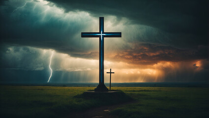 Wall Mural - Holy cross symbolizing the death and resurrection of jesus christ with dramatic sky view