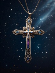 Wall Mural - A delicate christian cross crafted from intricate silver filigree suspended in a starry night sky