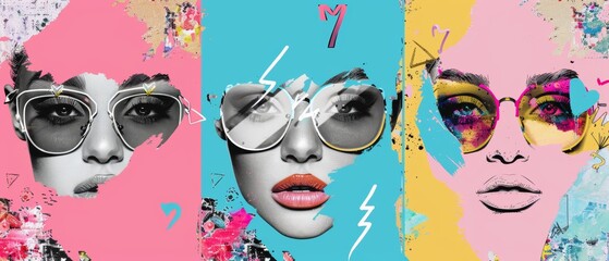 Wall Mural - Modern illustration set with trendy collage elements. Halftone images of women and men wearing glasses. Hearts and lightning bolts are doodled on the paper.