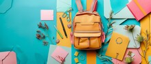 A Back To School Concept With A Large Backpack And Stationery On Neon Green Blue Background. Art Collage With Copy Space.