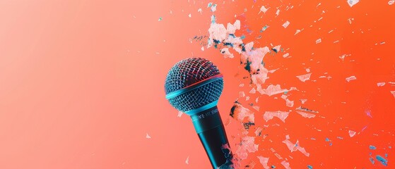 Wall Mural - Singer with brilliant voice. Microphone as disco ball on coral background. Negative space for your text. Modern design. Art collage. Festival, music, performance.