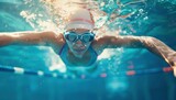 Fototapeta  - Professional Female swimming Athlete in action front angle view under and over water, aerobic swimmer, proudly represent and wearing the United States flag pattern on head covering and swim goggles