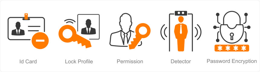 A set of 5 security icons as id card, lock profile, permission