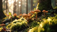 The Forest Floor Is Covered With Moss, From Which Grow Clusters Of Small Brown Mushrooms. The Mushrooms Are Located Around A Mossy Tree Trunk And Appear To Be Illuminated By Sunlight.