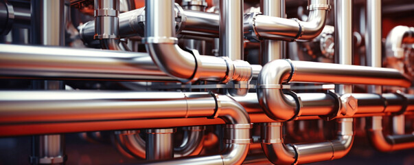 Wall Mural - Close-up industrial view of a pipeline, liquid and gas delivery equipment, oil and gas processing area. Distribution pipeline unit at a plant.