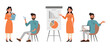 Set of Indian man and woman character vector design. Businessman and businesswoman presentation graph chart on board. Presentation in various action on isolated white background.