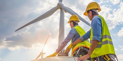 Poster - Technicians in Safety Gear Collaborate on the Maintenance of a Wind Turbine, Harnessing Renewable Energy Under the Bright Sky, Generative AI