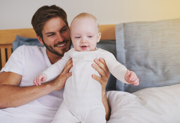 Poster - Family, love and father with baby in bedroom for bonding, relationship and care for parenting. Happy, home and dad playing with newborn infant for child development, support and affection in house