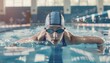 © Virgo Studio Maple - Professional Female swimming Athlete in action front angle view under and over water, aerobic swimmer, proudly represent and wearing the United States flag pattern on head covering and swim goggles