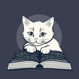 Fototapeta Sypialnia - White kitten reading book. Cute cartoon white kitten reading a book illustration.