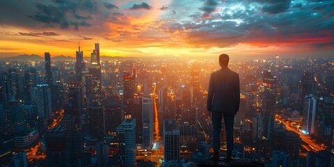 Visionary executive overlooking the dynamic urban skyline at golden hour,setting their sights on the city's promising future