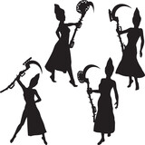 Fototapeta Sypialnia - Witch with a scythe silhouette. Detailed silhouette of the witch with scythe illustration.
