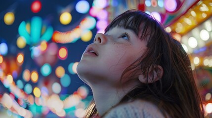 Poster - A little girl looking up at a colorful light display. Generative AI.