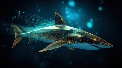 Big data visualization where a digital shark swims in the data stream. Futuristic background. Generative AI