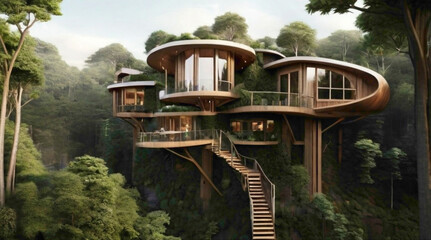 wooden house in jungle interior