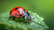 macro photo of a ladybug crawling on a leaf, capturing its vibrant red color and distinctive spots