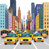 Fototapeta Nowy Jork - A bustling city street with taxis and buses. clipart