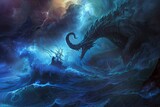 Fototapeta  - A dynamic wallpaper illustration showcasing a group of fearless sailor men navigating treacherous waters and battling ferocious sea monsters, with their trusty ship, Generative AI