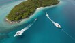 An aerial shot of two motorboats speeding on clear water between small tropical islands