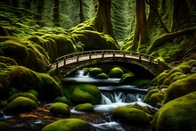 A Small Stone Bridge Across A Trickling Stream In A Moss-covered Woodland Creates A Fairytale-like Ambiance In Nature. 