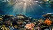 A sunlit vibrant coral reef teeming with marine life