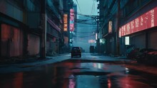 Nighttime scene of rain pouring down on the streets of Tokyo. Raindrops reflect light off buildings lined with neon signs, creating a dreamlike atmosphere. 