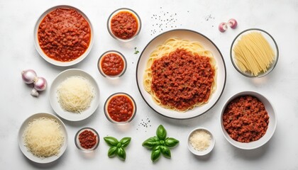 Wall Mural - Ingredients for making spaghetti bolognese minced meat onions and tomato sauce over white texture background