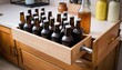Beer bottle and their caps on a wooden drawer in the kitchen