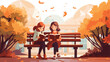 Little girls read books sitting on bench at nature background