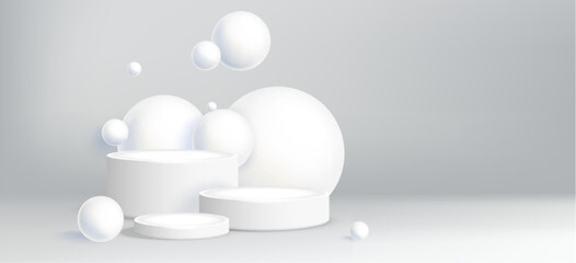 Poster - 3d white product display podium platform in studio. Abstract minimal scene with wall and light in room. Empty showcase cylinder pedestal mockup. Perspective modern clean space showroom backdrop