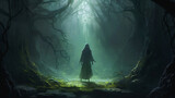 Fototapeta  - A hooded sorceress girl stands in front of a magical 
