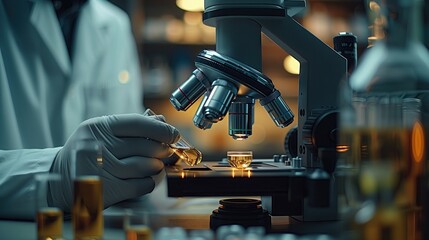 Wall Mural - Scientist doing biochemical research with microscope to develop vaccine in pharmaceutical research laboratories