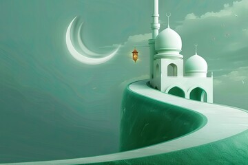 Wall Mural - green curved wallpaper desktop with white mosque and small islamic lantern floating on top