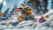 Rabbit Wears Goggles Snowboarding And Jumping Are Fun And Brave. On The Snow-covered Mountain And Full Of Easter Eggs