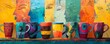Illustrate a compelling scene with a series of cups portraying cultural symbols in a rear-view angle, emphasizing unity through diversity Infuse the design with vibrant colors and patterns to convey a