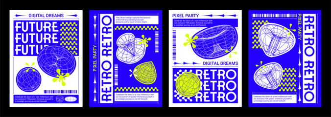 Poster - Poster and cover design layout in y2k style with grid abstract simple techno shapes. Vector set of retro bright blue banner in 2000s retro aesthetic with wireframe streetwear figure ornament.