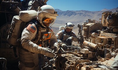 Two Men in Spacesuits Working on a Machine