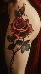 Wall Mural - A UHD close-up of a lady's thigh adorned with a realistic rose tattoo, its velvety petals and delicate stem depicted in stunning detail against a soft, solid background.