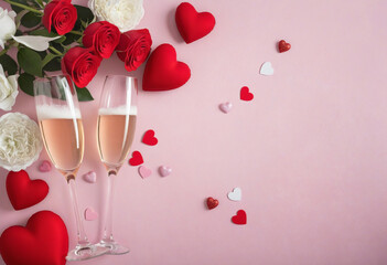 Wall Mural - Valentine's day background with Champagne and desserts colorful background